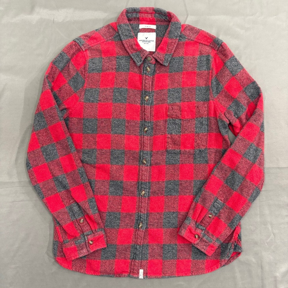 American Eagle Flannel Shirt Womens Large Red Gray Buffalo Plaid Slim Fit L